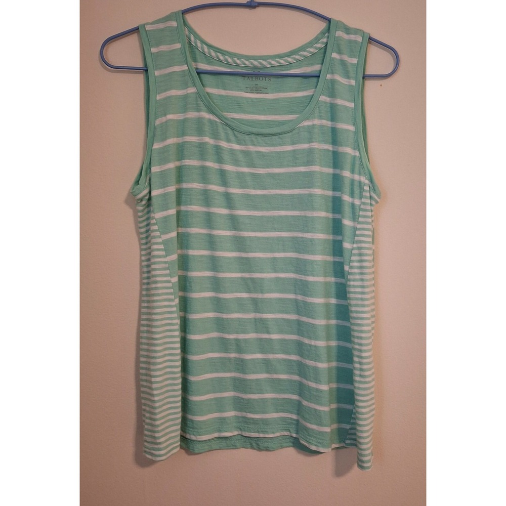Talbots Womens Medium Tank Top Mint Green White Striped Cotton Modal Slub Knit
